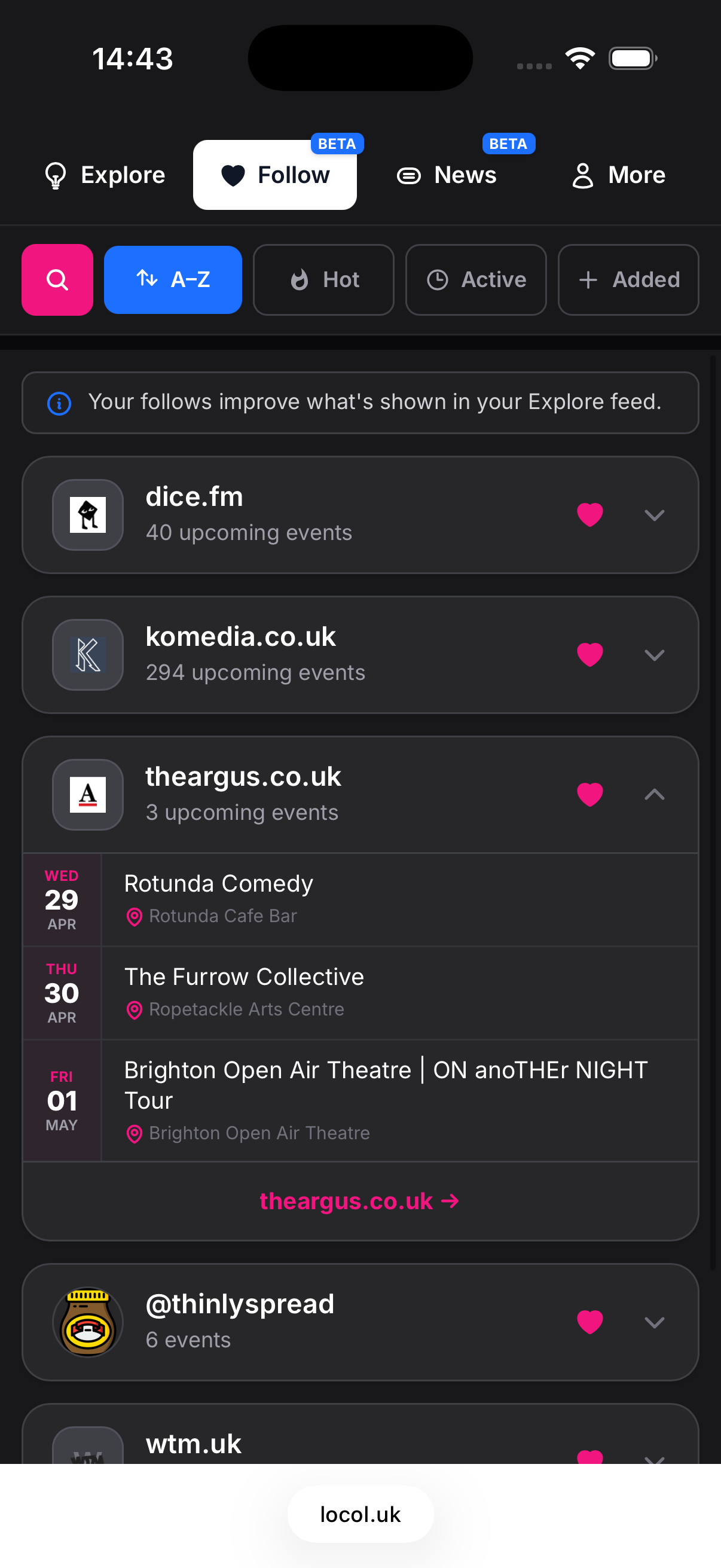 Follow your favourite venues, festivals, places or aggregators